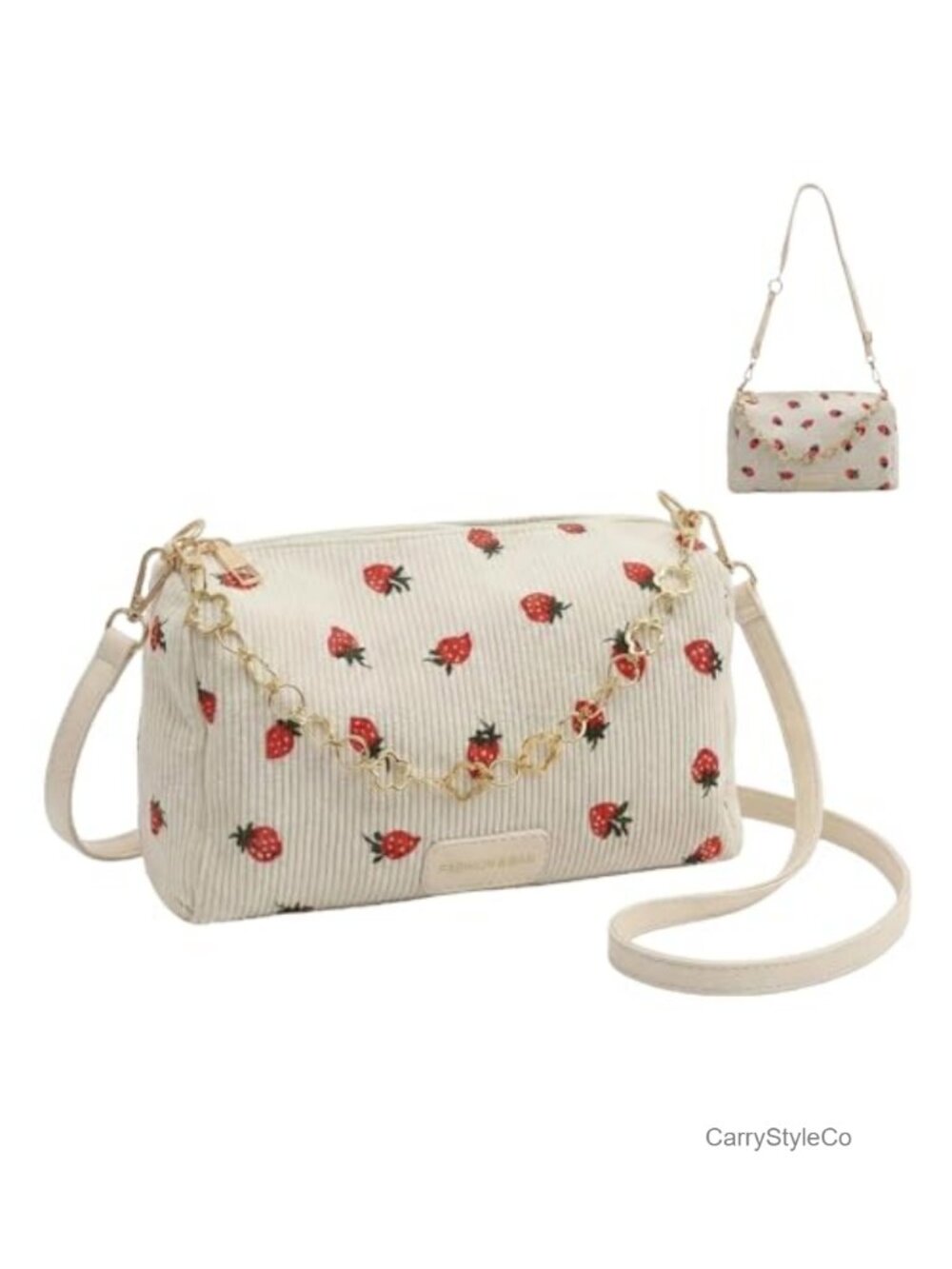 Strawberry Print Corduroy Crossbody Bag Adjustable Strap Satchel Purse